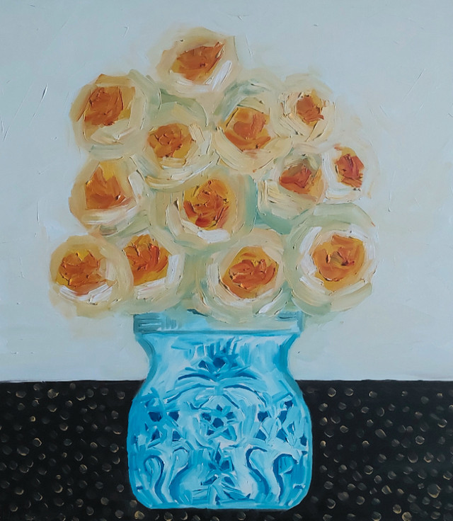 Original Oil Painting - Roses in Blue & White China dans Art et objets de collection  à Hamilton