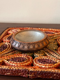 Vintage Etched Wood and Metal Ashtray Trinket Dish Table Decor