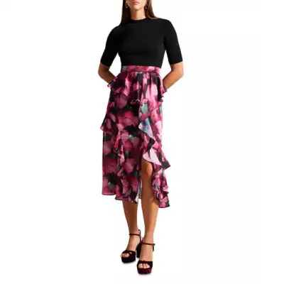 Elevate your style with this elegant floral ruffle skirt. Featuring a striking black and pink design...
