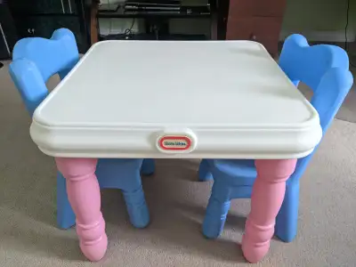 Kids 3 pieces square table and chair set in good condition. Sturdy plastic construction, rounded edg...
