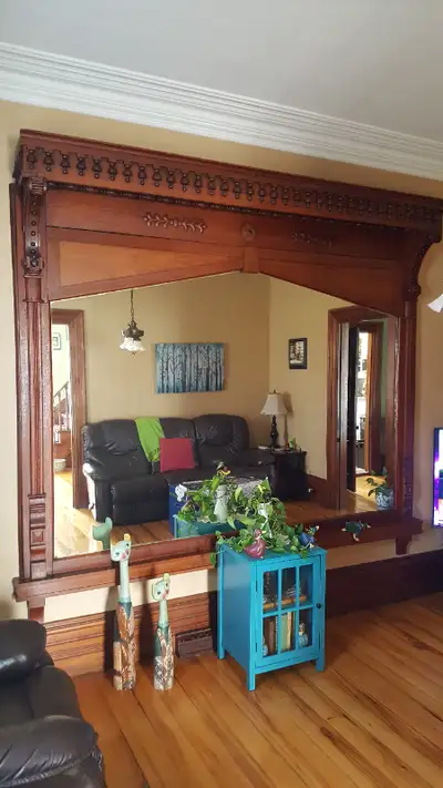 Large wall mirror, 104.5" (265.5cm) x87"(221cm) . Crown is 12'(30.5cm) deep. All original. Mirror an...
