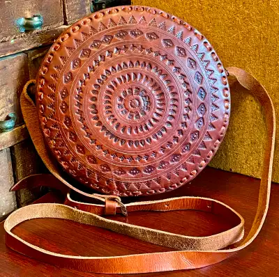 Vintage Round Tooled 10" Genuine Leather  Crossbody Shoulder Bag, View more