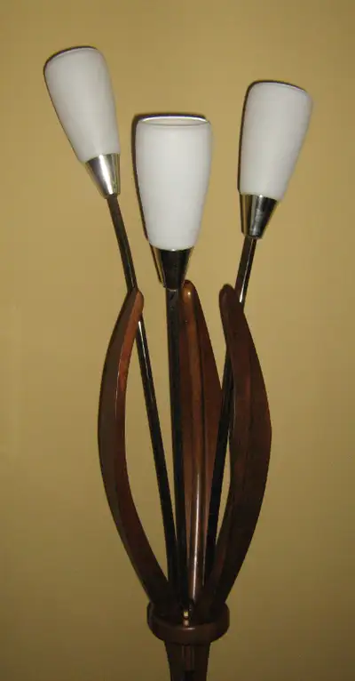 Unique VTG. 1960s Teak and Brass Floor Lamp with Frosted Shades, View more