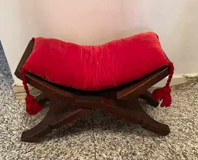 Rare Vtg Hand-Carved Folding Wooden Stool w/ Red Velvet Cushion, View more