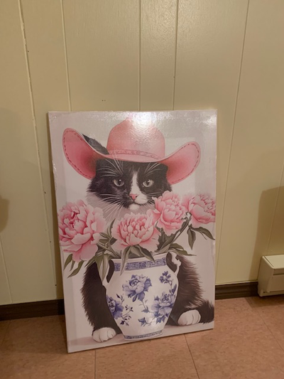 cat with pink cowboy hat canvas wall art, View more