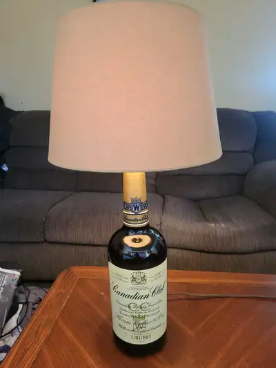 Very cool vintage Canadian Club table lamp, featuring a repurposed 3.79L (Texas Mickey) Canadian Clu...