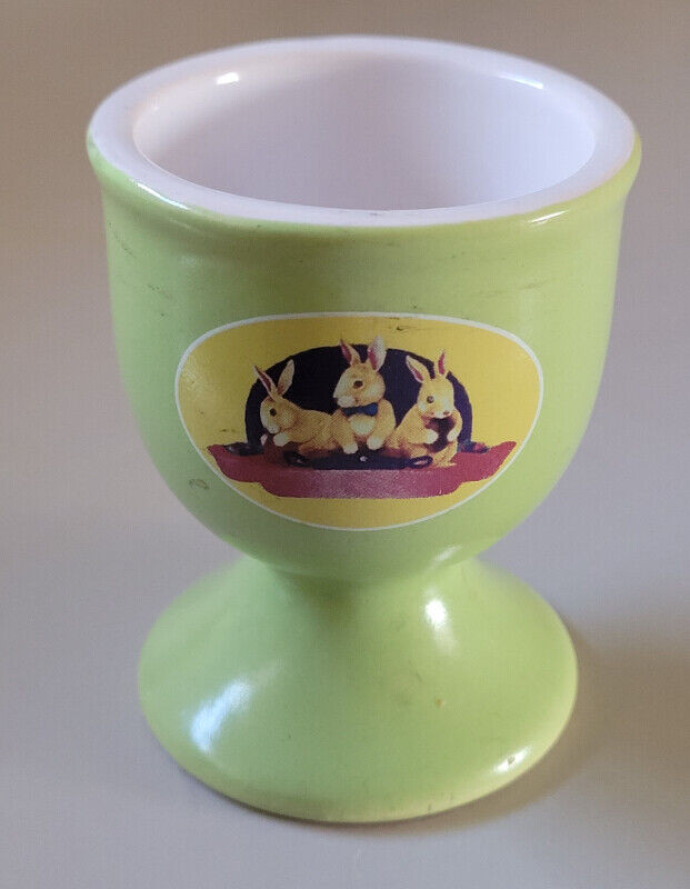 Vintage Laura Secord Green Ceramic Egg Cup with Bunnies in Arts & Collectibles in Oshawa / Durham Region