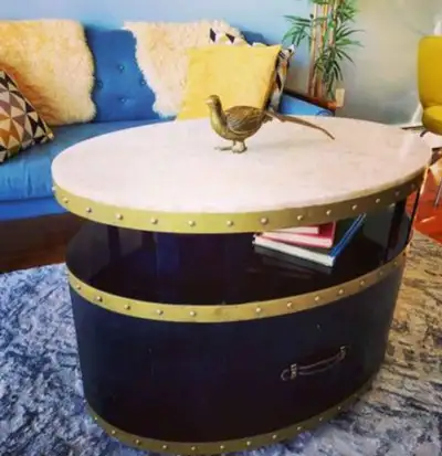 Luxury genuine white quartzite crystal top oval coffee table with studded gold steel trip and vinyl...