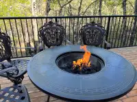 47” Patio Fire Pit Dining Table Charcoal Wood Burning W/ Cooking