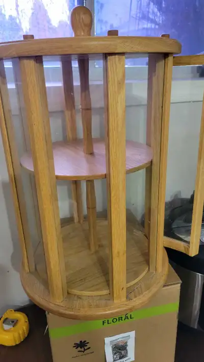 Wood display case 19 inch tall, 12 " in diameter shelves turn, View more