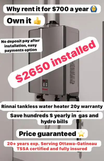 Special pricing: Lennox furnace 70k BTU $2750 - Noritz Tankless water heater $2900 Rinnai Tankless w...