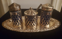 VINTAGE SILVER PLATED AND COBALT GLASS SET