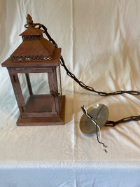 RUSTIC PENDANT LANTERN WIRED FOR LIGHT, CAN TAKE CANDLE $20 OBO