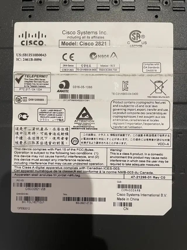 Cisco Systems 2821 Gigabit Router -Cisco 2821 IOS 15 CME 256mb F64700583968899123