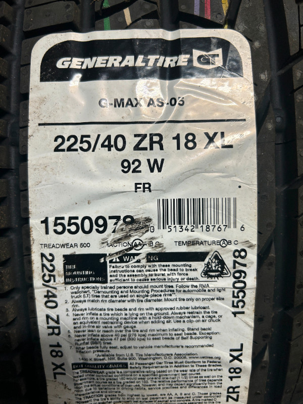 4 Brand New General G-Max AS-05 225/40R18 All Season tires in Tires & Rims in Ottawa