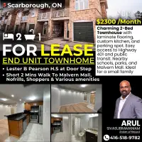 2 Bed 1 Bath Townhouse FOR  LEASE in Scarborough