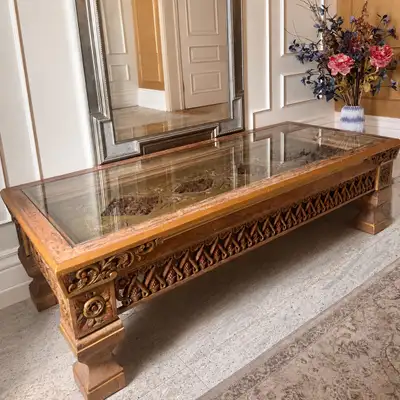 Ornate Carved Wood Coffee Table with Glass Top, View more