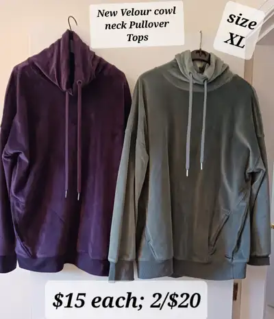 New VELOUR cowl neck TOPS, size XL, 2 pockets,, View more