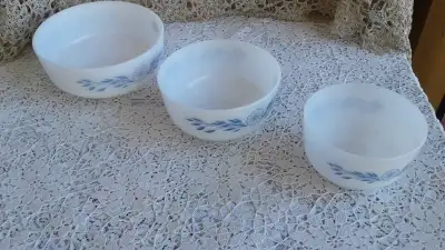 Vintage Federal Milk Glass Nesting Bowls-- Blue Flowers, View more