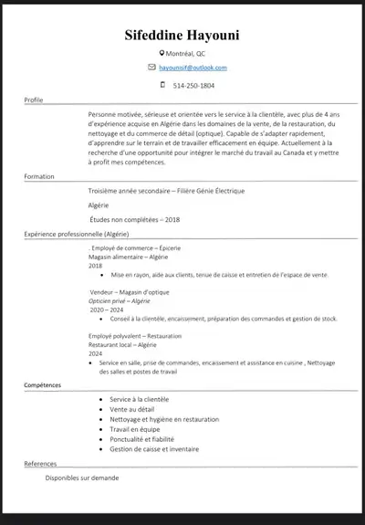 je cherche travail plongeur, caissier, serveur, livreur, …….