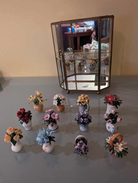 Clear Glass & Brass 3 Drawer Display Box 11 Miniature Flowers