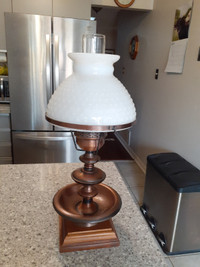 Vintage Hobnail Milk Glass Lamp With Copper And Wood