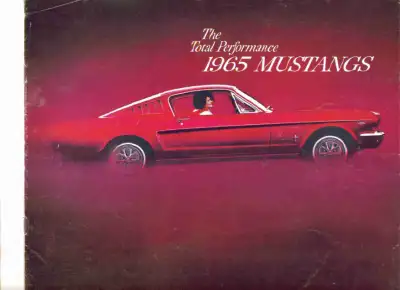 1965 Mustang hardtop, convertible, and fastback sales brochure, with photos of twelve Mustangs on tw...