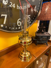 Antique Electric Brass Oil Style Lamp with Glass Hurricane Shade