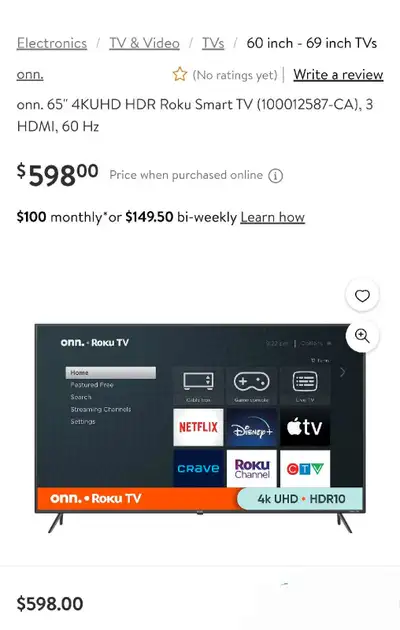 ON SALE!65" ONN 4K UHD HDR ROKU SMART LED TV $389.99, View more