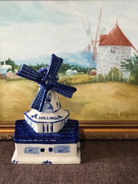 Vintage hand painted Holland delft blue porcelain windmill