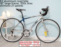 K2 aluminum road bike bicycle, 18" large frame, 700c tires, shim