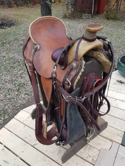 Vintage A fork roping saddle by maker Jim Robertson Buckaroo Sales Las Vegas. Stirrups are vintage D...