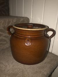 Vintage Glazed Brown Stoneware Bean Pot