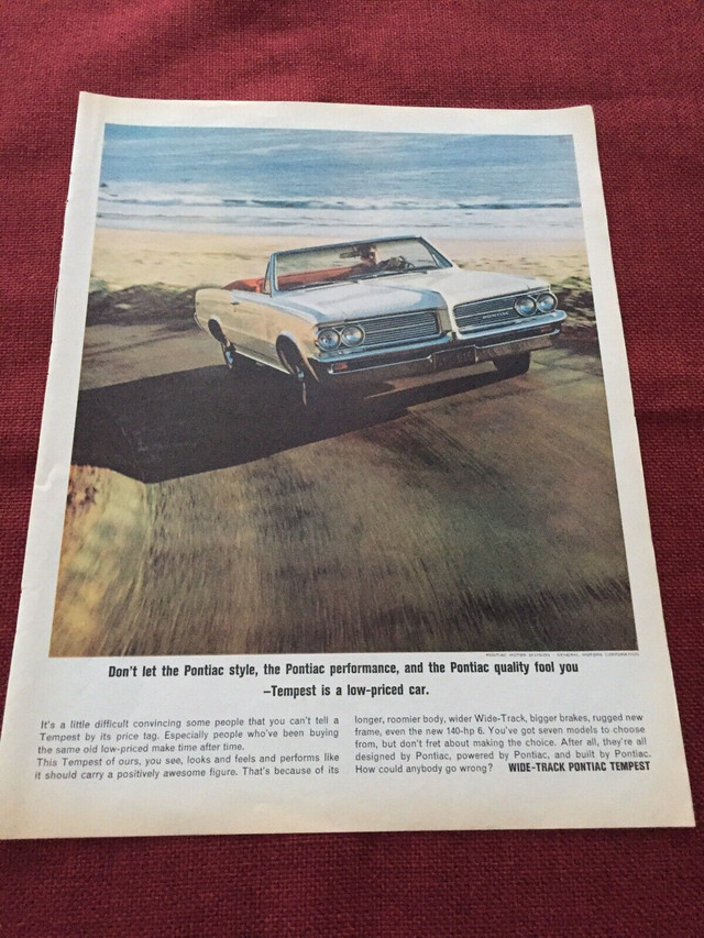 Vtg 1964 Pontiac Tempest Convertible Original Ad in Arts & Collectibles in North Bay