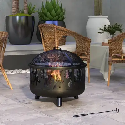 Outdoor Metal Fire Pit, 24" Round Firepit Bowl w/ Lid Grill Poke, View more