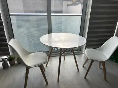 I'm selling a Structube Eiffel dining set, including a round table and two chairs, perfect for a sma...