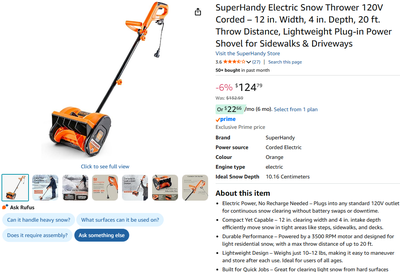 ⭐New⭐ SuperHandy 12" Electric Snow Thrower 120V Corded, View more