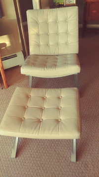 Faux Leather Beige Barcelona-style Chair and Ottoman