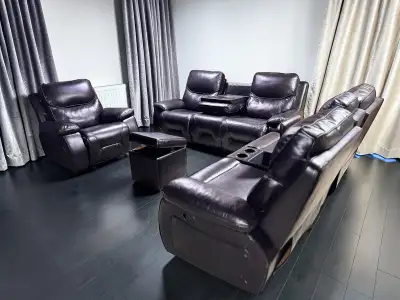 GENUINE BLACK LEATHER RELCINER SET, View more