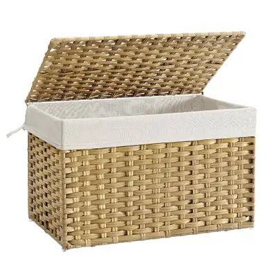 Storage Basket with Lid, 27.7 Gallon (105L) Storage Bin, Woven Blanket Storage Basket with Handles,...
