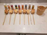 7 wooden tulips and wooden bucket with 9 acrylic 2 fl oz colours