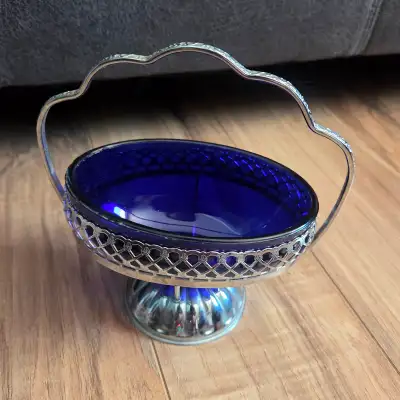 VINTAGE 1970s-80s Cobalt Blue glass bon bon dish filigree basket, View more