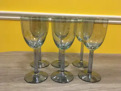 Never Used 6 Roscher & Co Romania Stemmed Wine Glasses. These are Blue Green with etched flowers. Th...