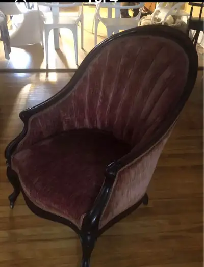 Antique mahogany chair- faded red velvet upholstery (no tears) - sound frame.
