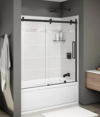 Maax Halo black sliding bathtub door with LOTUS easy-clean glass
