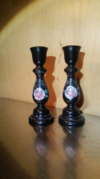 Wooden painted candle holders (Set of 2) black 7.5" tall