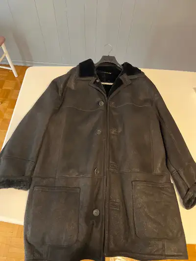 BlackTraditional shearling sheepskin coat made in canada, View more