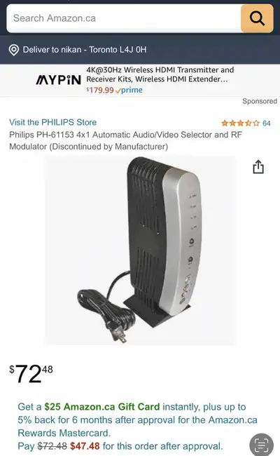 Brand New Sealed-Philips PH-61153 4x1 Audio/Video Selector, View more