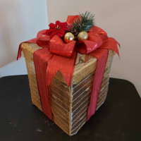 Gold Box With Red Ribbon, Pine Cones & Flower  Lighted Gift Box