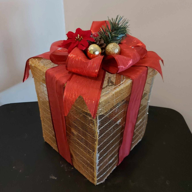 Gold Box With Red Ribbon, Pine Cones & Flower  Lighted Gift Box in Holiday, Event & Seasonal in Belleville